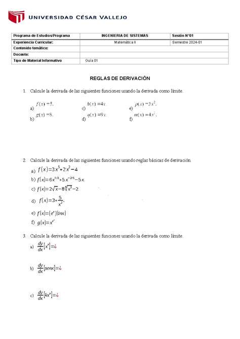 Guía 1 Reglas Básicas De La Derivada Reglas De DerivaciÓn 1 Calcule