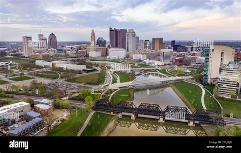 Aerial View Over The Columbus Ohio Skyline Featuring Scioto River Stock