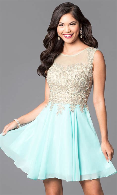 Short Prom Dress With Jewel Embellished Sheer Bodice Semi Formal