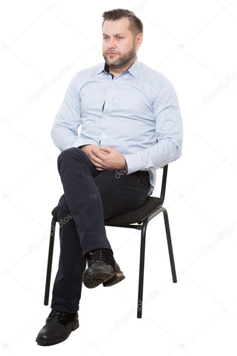 Man Sitting On Chair Isolated White Background Arms Crossed Mistrust