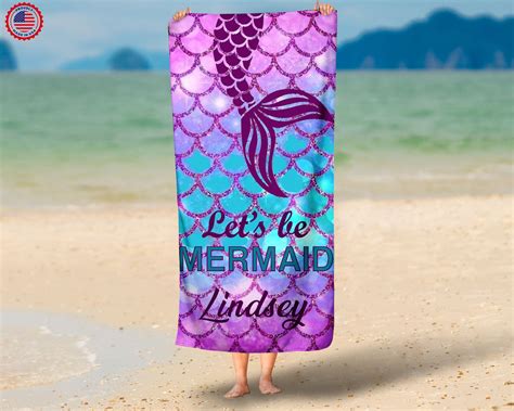 Personalized Mermaid Beach Towel Mermaid Tale Faux Glitter Etsy