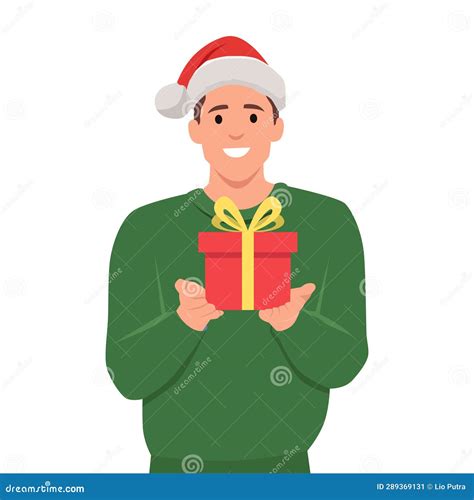 Happy Man Holding Christmas T In Santa Hat Hipster With Xmas Present Box In Hand Stock