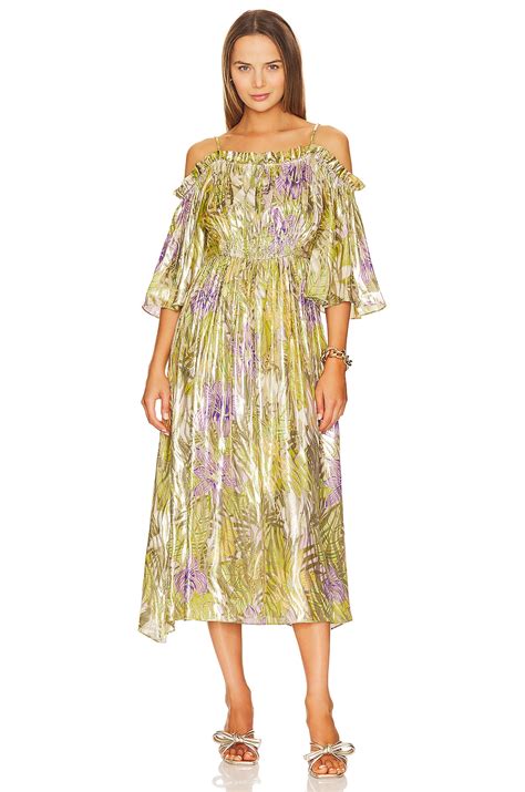 Hayley Menzies Off Shoulder Silk Lurex Jacquard Gathered Dress In Tropical Hibiscus Revolve