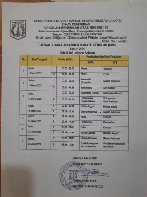 Jadwal Asesmen Sumatif Tahun 2023 Sma Negeri 108 Jakarta