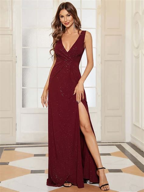 Ey7505 Ep Floor Length V Neck Shimmery Evening Gown Eternally Yours