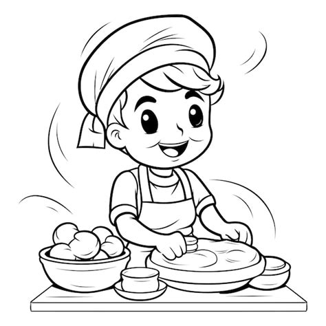 Black And White Cartoon Illustration Of Cute Little Boy Cooking Food