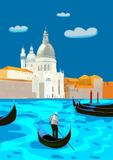 Canals Of Venice Gondola Italy Flat Vector Attraction Landmark Stock