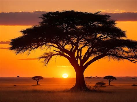 Premium AI Image | Mesmerizing view of the silhouette of a tree in the savanna plains during sunset