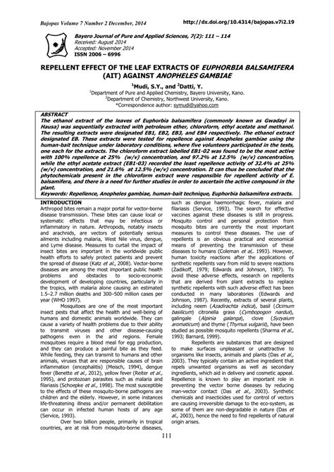 PDF Repellent Effect Of The Leaf Extracts Of Euphorbia Balsamifera