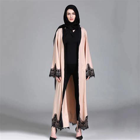 Casual Muslim Abaya Lace Cardigan Maxi Dress Patch Tunic Kimono Sashes