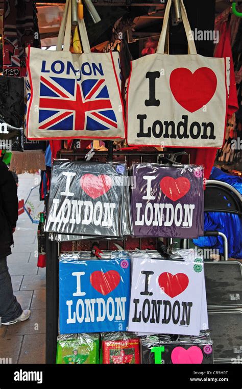 London souvenir bags on stall in Oxford Street, City of Westminster ...