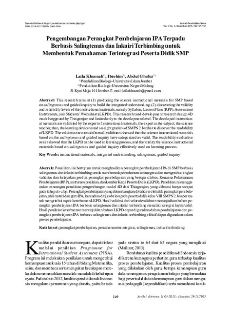 Pdf Pengembangan Perangkat Pembelajaran Ipa Terpadu Berbasis Salingtemas Dan Inkuiri