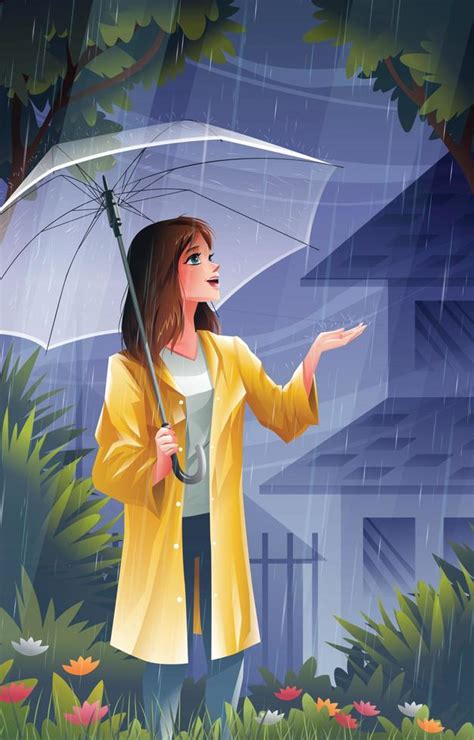 Girl Enjoying Rain In The Spring Shower Concept 5322962 Vector Art At