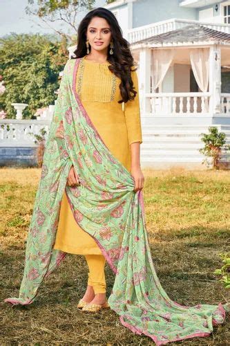 Admyrin Yellow Embroidered Designer Chanderi Cotton Salwar Suit At Rs