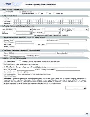 Fillable Online Account Opening Form For Resident Individual Pdf M