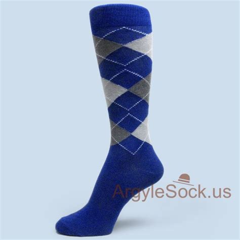 Royal Blue Charcoal Gray Light Grey Groomsmen Argyle Socks For Men