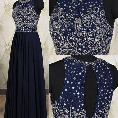 Elegant Long Navy Blue Chiffon Prom Dresses Featuring Sheer Neck And