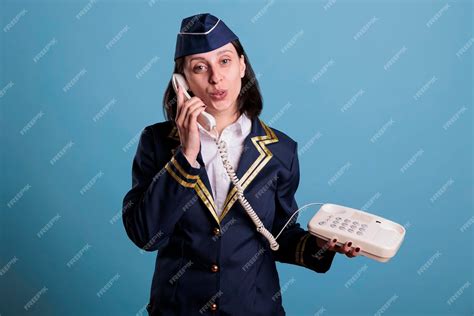 Premium Photo Stewardess Talking On Landline Phone Holding Telephone