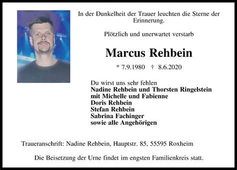 Traueranzeigen Von Marcus Rehbein Rz Trauer De