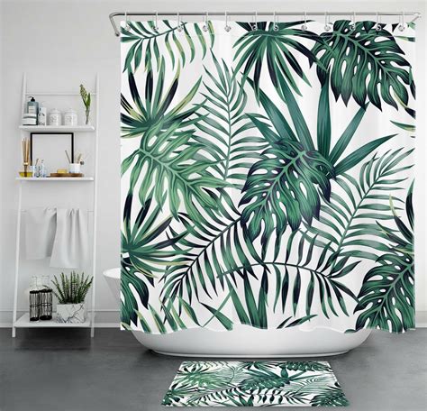 Jungle Oasis Shower Curtain Set Exotic Palm Leaf Art For Tropical