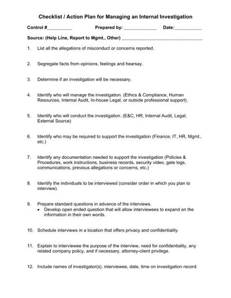 Checklist Action Plan For Managing An Internal Investigation