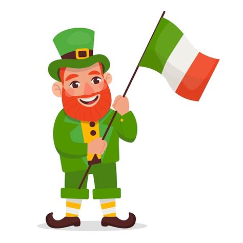 Premium Vector Vector Funny Leprechaun Waving A Big Flag Of Ireland