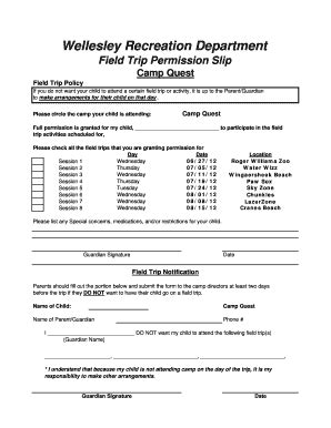 Fillable Online Wellesleyma Field Trip Permission Slips 12 Fax Email