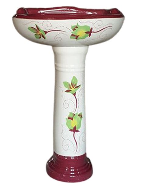 White Maroon Green Flower Printed Ceramic Pedestal Wash Basin For