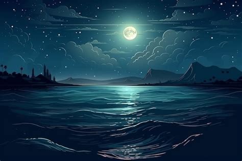 Premium AI Image | Night ocean landscape full moon and stars shine