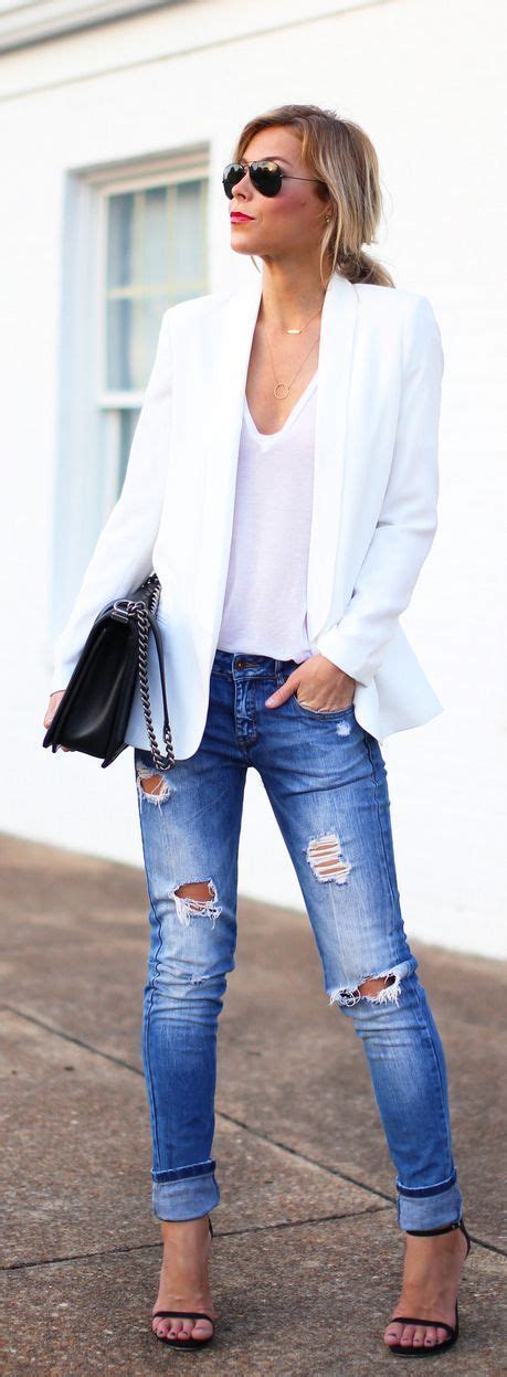 White Blazer White T Ripped Jeans Fashion White Blazer Women