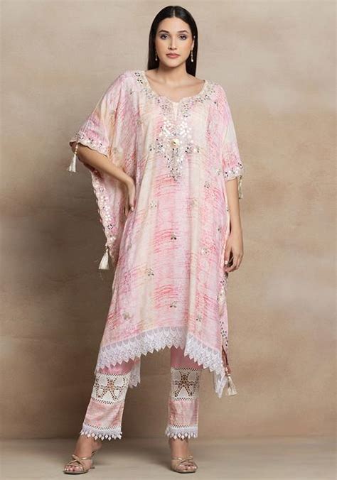 Buy Women Light Pink Gota Patti And Mirror Embellished Kaftan Kurta Set