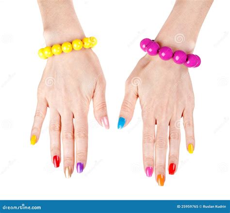 Women S Hands With Multi Colored Nail Polish Stock Image Image Of