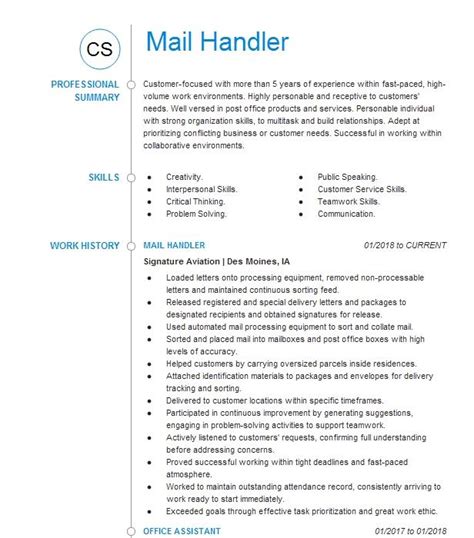 Mail Handler Resume Example