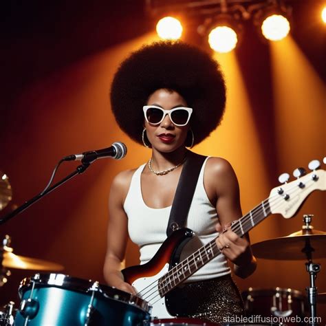 Afro Woman With Glasses Fronts Disco Funk Band On Stage Stable