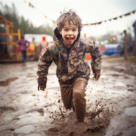 Premium Ai Image Joyful Child Running Through The Mud