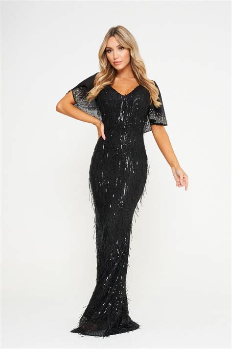 Black Butterfly Sleeve Sequin Maxi Dress Women From Yumi Uk