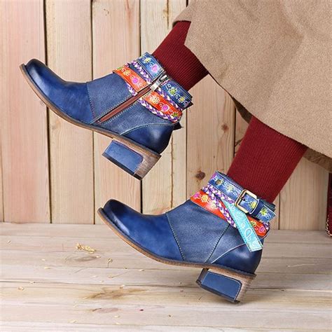 Shoespie Blue Splicing Pattern Buckle Ankle Boots Boots Fall Ankle