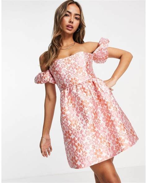 Miss Selfridge Synthetic Jacquard Bardot Mini Dress In Pink Lyst