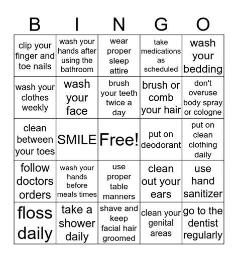 Hygiene Bingo Card