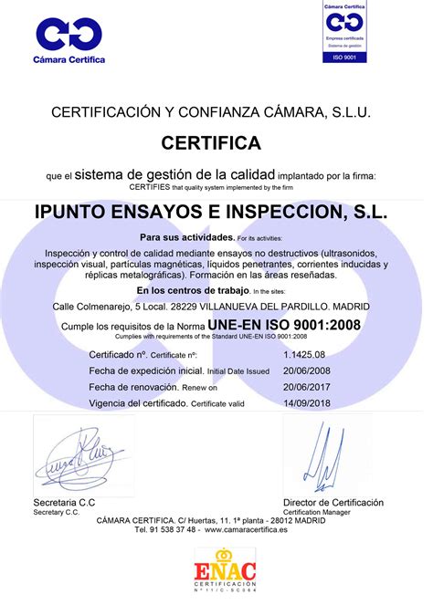 Certificado Une En Iso Ipunto Ensayos E Inspeccion Ren Q