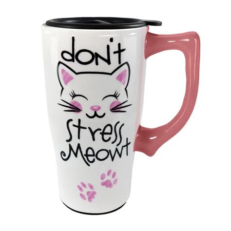 Dont Stress Meowt Cat Tall Ceramic Travel Mug Whandle And Locking Lid