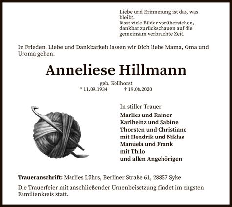 Traueranzeigen Von Anneliese Hillmann Trauer Kreiszeitung De