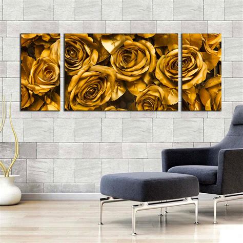 Rose Flowers Canvas Wall Art Yellow Roses Close Up 3 Piece Canvas Set