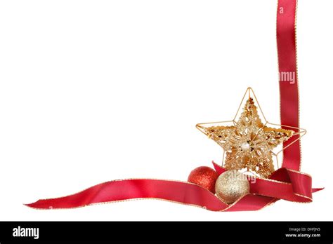 Christmas border, red ribbon, gold glitter star and baubles isolated ...