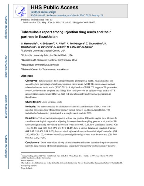 Pdf Tuberculosis Report Among Injection Drug Users And Their Partners In Kazakhstan Angela