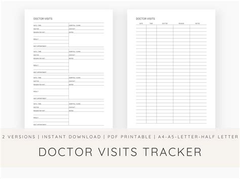 Doctor Visits Tracker Printable Doctor Visits Log Medical Appointments