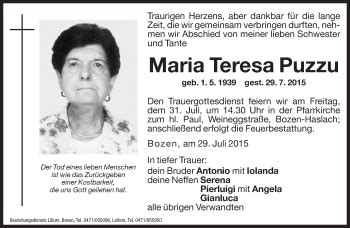 Traueranzeigen Von Maria Teresa Puzzu Trauer Bz