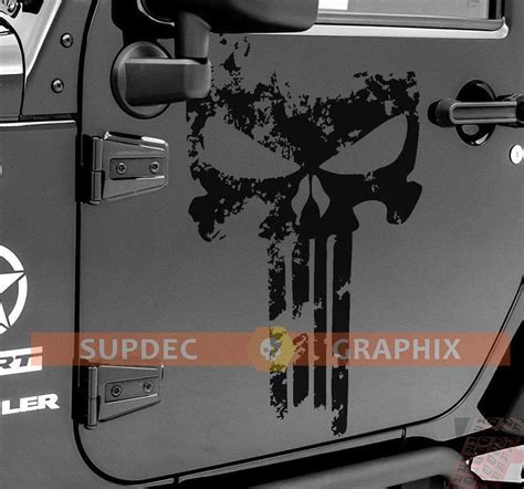 Pair Of PUNISHER Skull Distressed Door Side Vinyl Decal Sticker For