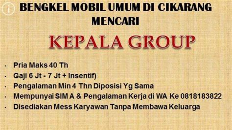 Info Lowongan Kerja Dicari Kepala Grup Untuk Bengkel Mobil Umum Di