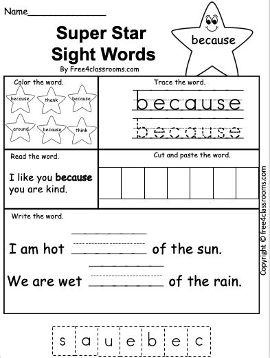 Free Sight Word Worksheet Because Free Worksheets Free4classrooms